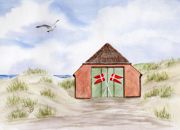 Postkarte DIN-A5 Rettungsstation Rettungshaus Dünen Aquarell Maritim Kunst Druck Kunstdruck Dänemark Nordsee Düne Meer Strand Blokhus